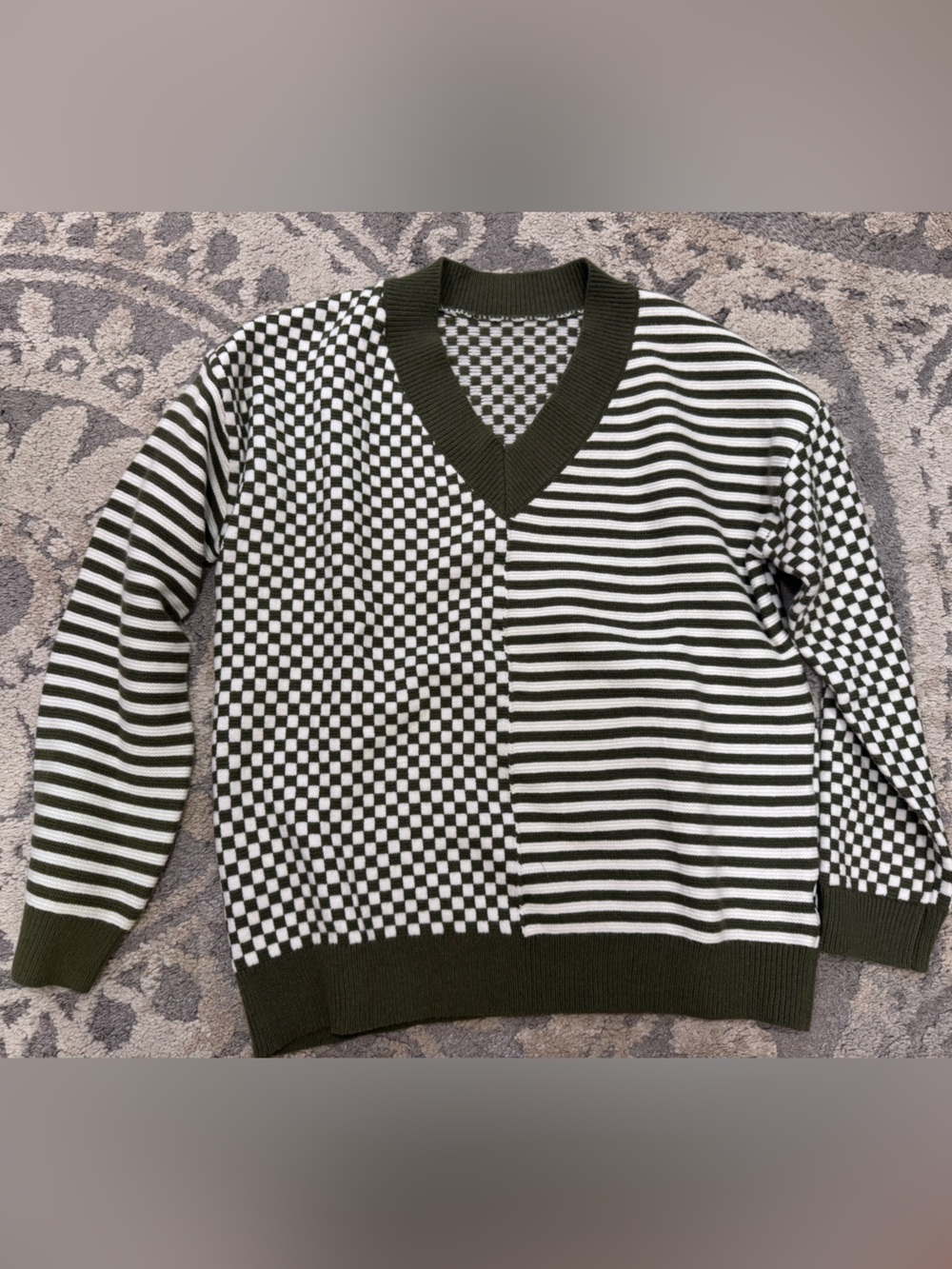 Olive & White Striped Check Knit Women's Top